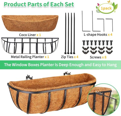 Legigo 16-Inch Window Box Planters - 2 Pack Metal Railing Planters with Coconut Liners for Outdoor Use