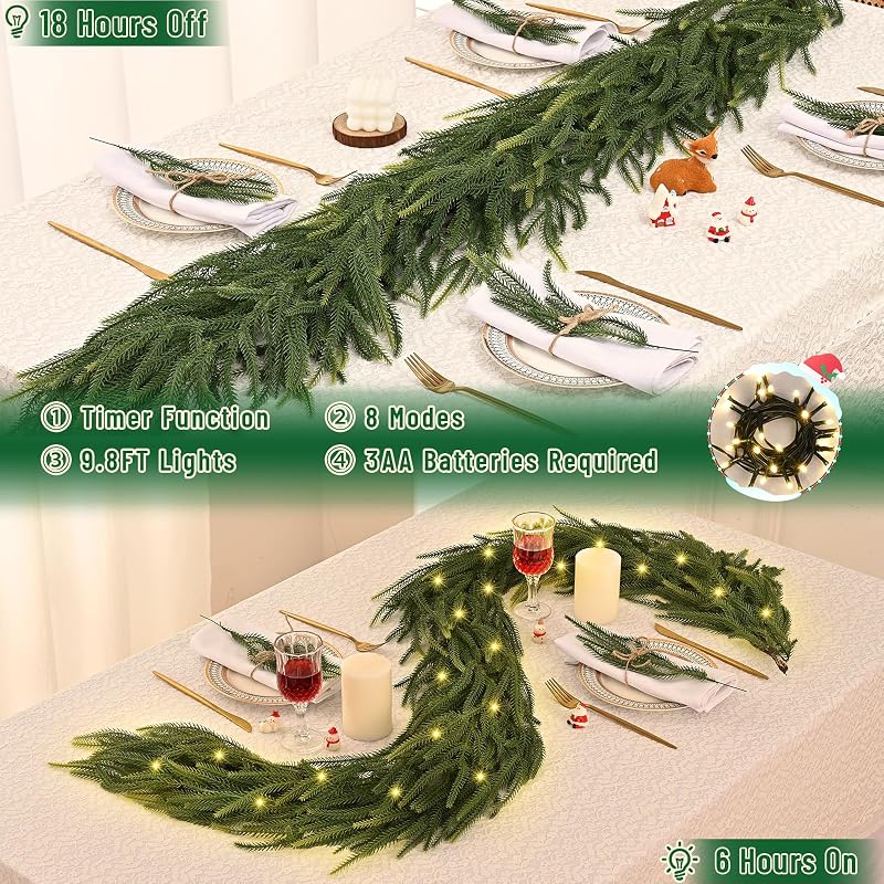 9 ft Cedar Garland with Lights - Realistic Norfolk Pine Christmas Wreath & Decoration