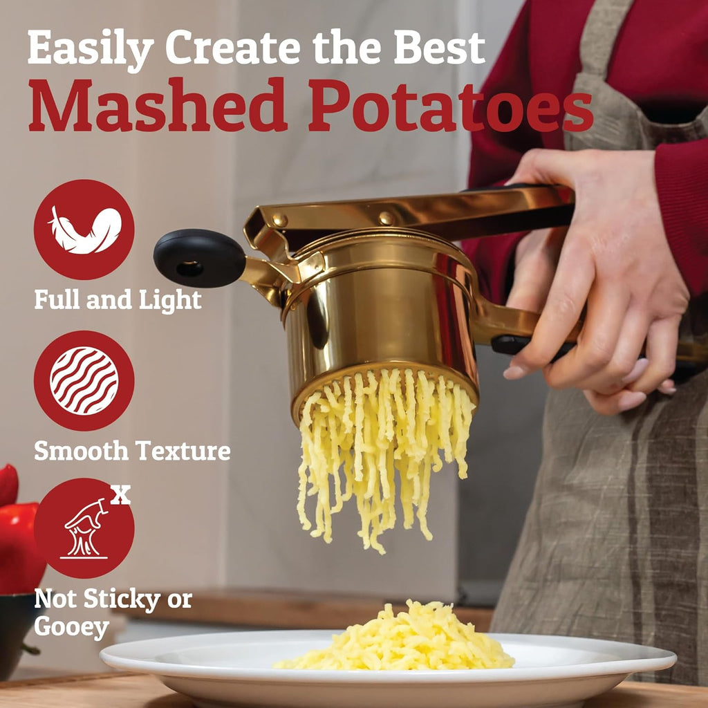 PriorityChef 15oz Potato Ricer - Heavy Duty Stainless Steel Masher With 3 Discs | Gold & Black Silicone