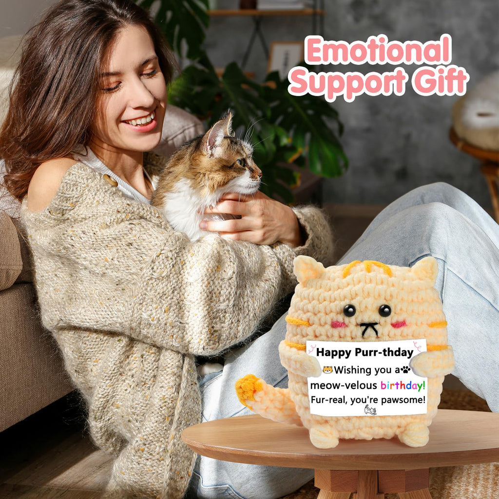 YWQZBHEMO A Little Birthday Cat to You - Crochet Positive Gifts, Funny Handmade Knitted Emotional Positive Cat - Happy Birthday