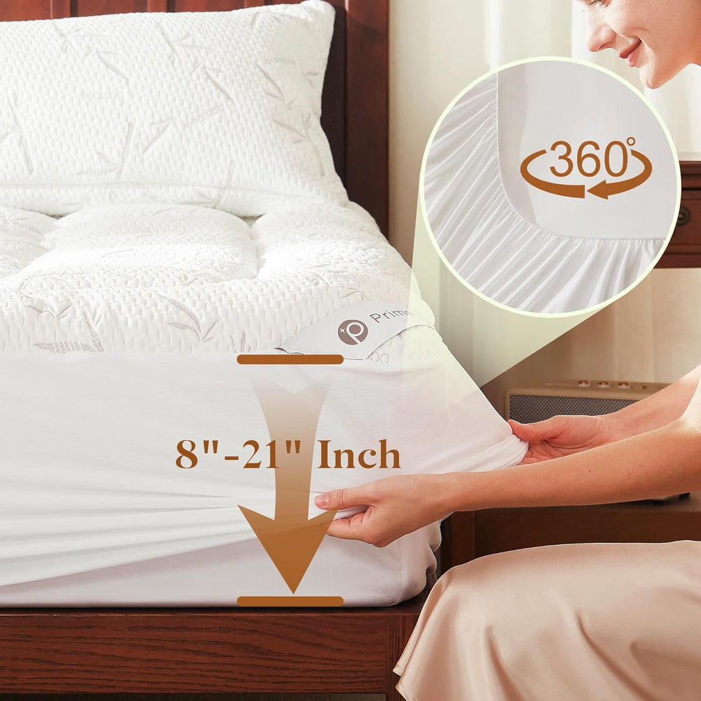 PRIMESOFT 100% Waterproof Queen Mattress Topper - Thick Pillow Top for Back Pain Relief | 21-Inch Deep Pocket, Soft & Breathable (White)