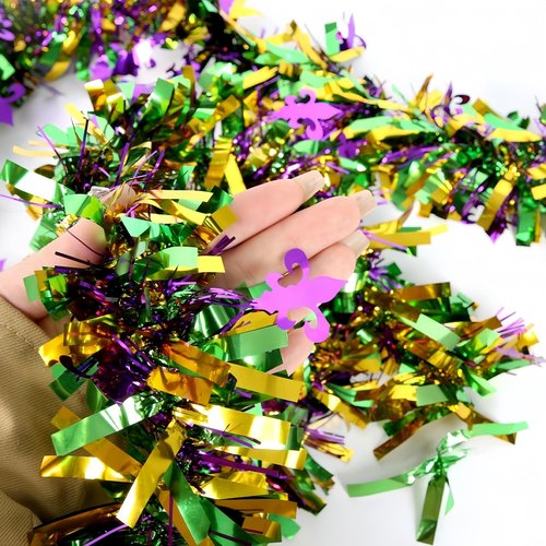 YVAINE 5 Pcs Mardi Gras Tinsel Garland Sparkling Decorations,32.5 Ft Gold Green Purple Glitter Metallic Streamers Hanging Decorations,New Orleans Parade Car Party Supplies Carnival Accessories