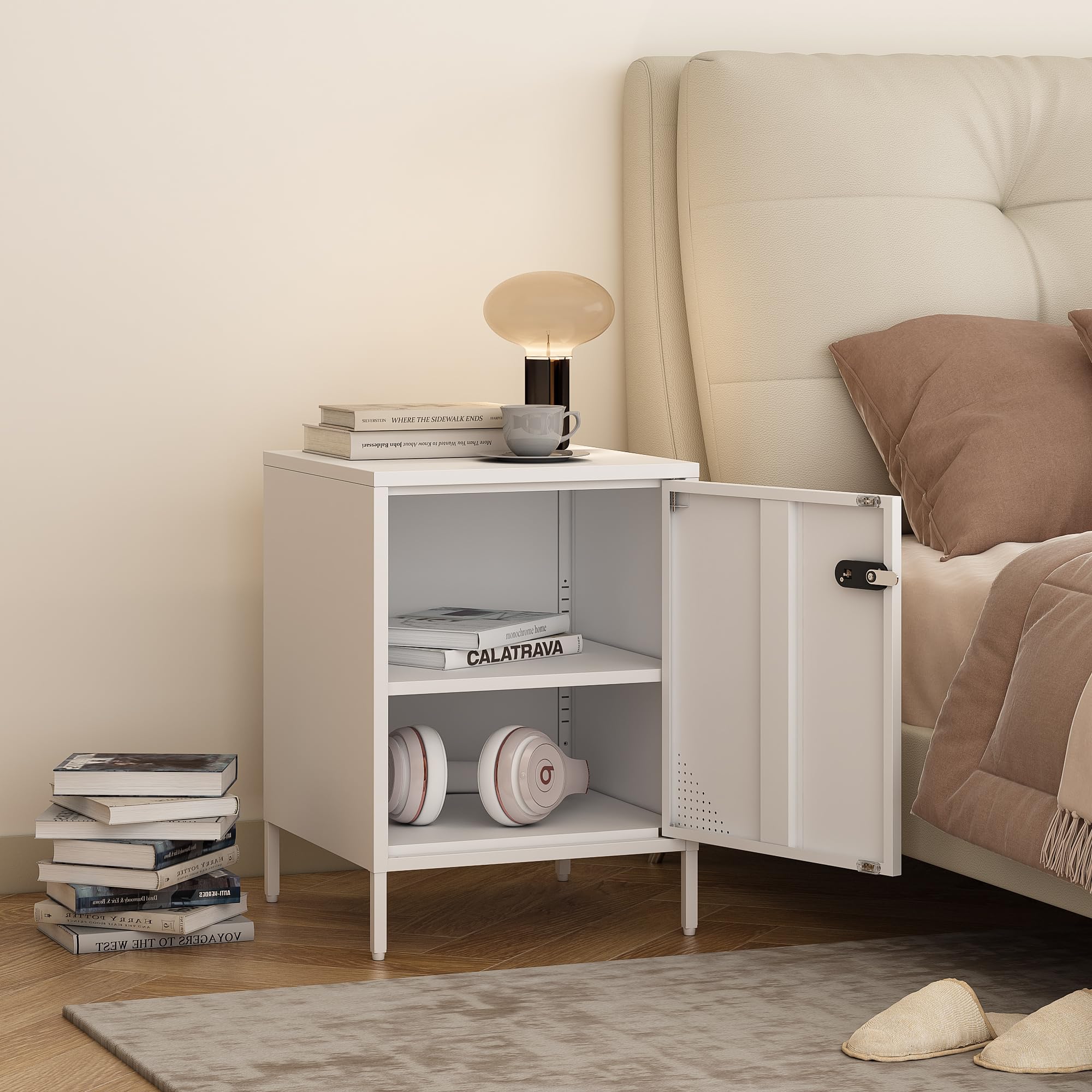 Steehoom Metal Locker End Table Single Door Nightstand Lockable Bedside Table Storage Cabinet for Bedroom, Dorm, 21.26”H X 15.75”W X 15.75”D (1 Door, White)