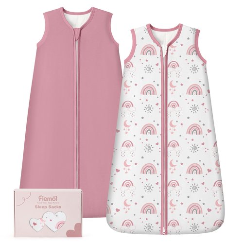 FIEMOL Rayon Made from Bamboo Baby Sleep Sack 6-12 Months, 1.0 Tog Baby Wearable Blanket, Soft Sleeping Bag for Newborn Infant Babies with 2-Way Zipper 2 Pack (Medium) Pink Rainbow