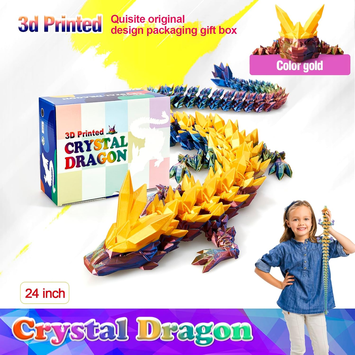 Skiennix 24-Inch Large 3D Printed Dragon Figurine - Magical Gold Decor for Kids & Home