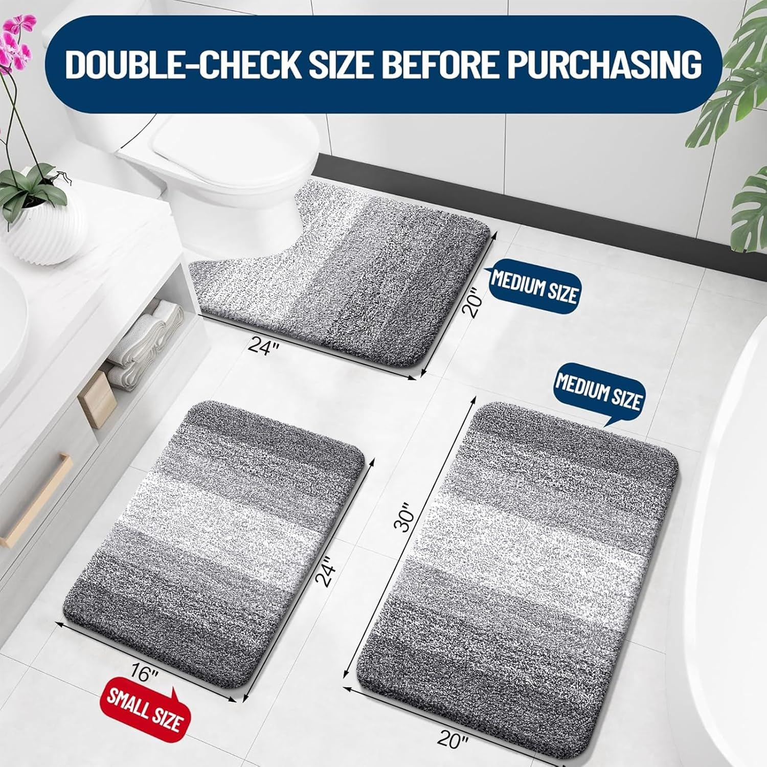 OLANLY Ombre Bath Rug Set - Soft and Absorbent 2-Piece Bathroom Rugs in Grey | 30x20 & 24x16/24x20