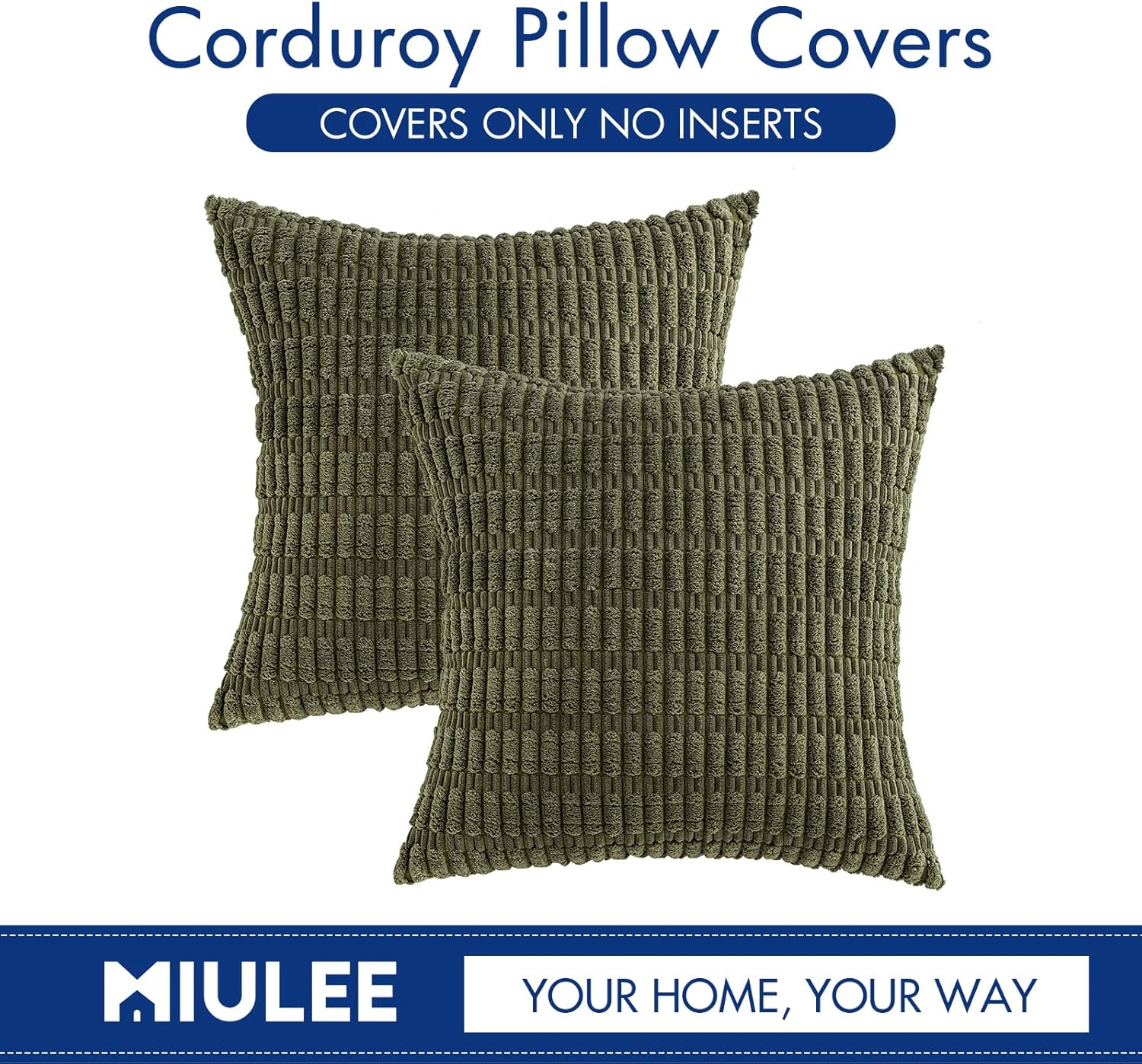 MIULEE Decorative Throw Pillow Covers - Soft Boho Striped Corduroy | Pack of 2, 20x20 Inch, Olive Green