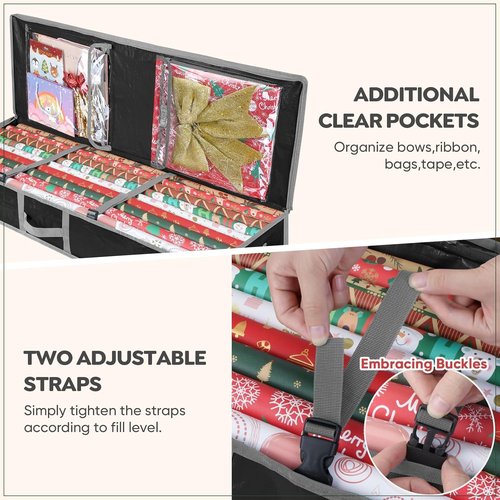 BALEINE Durable Christmas Wrapping Paper Storage Bag - 40" with Flexible Partitions & Pockets (Black)