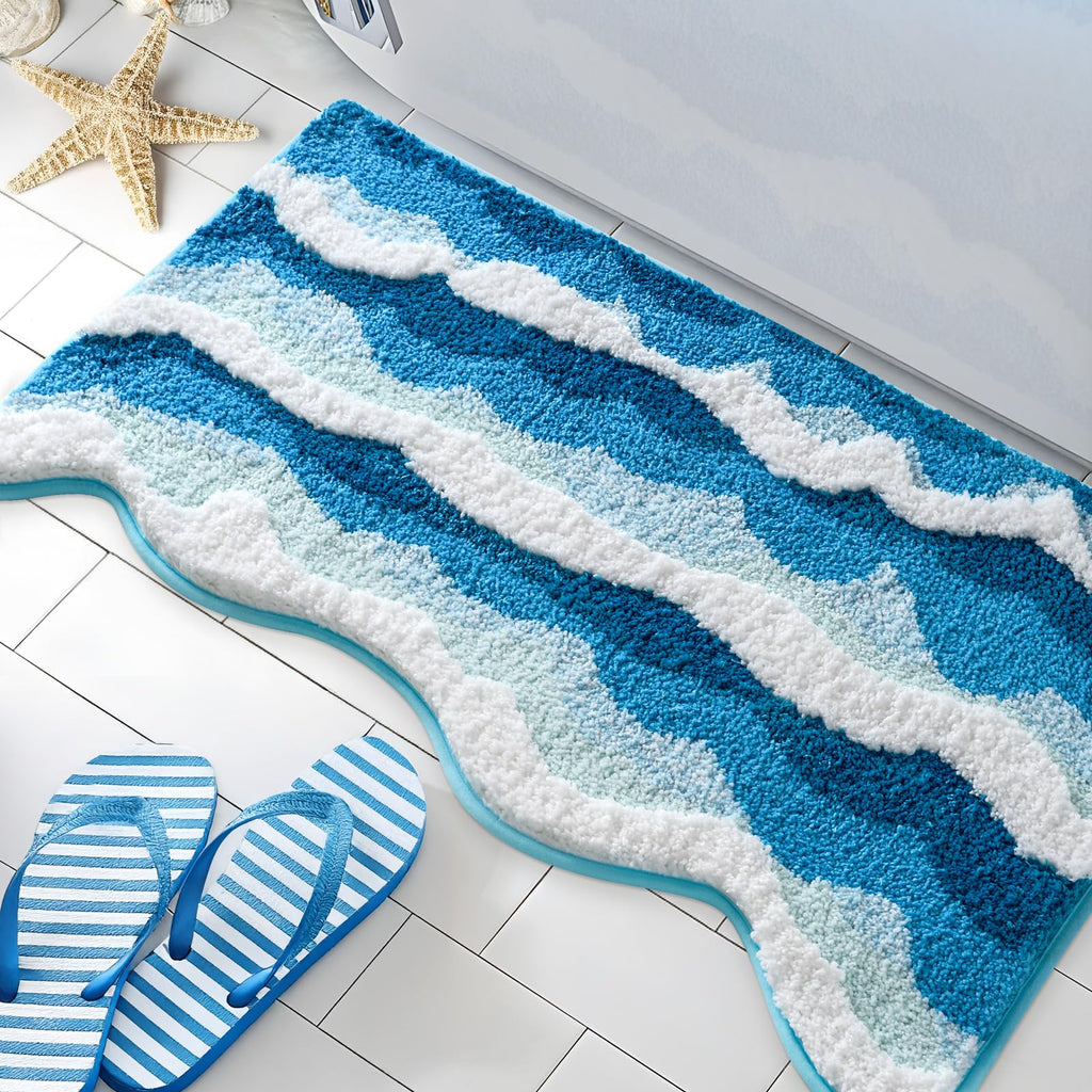 Moutina 3D Ocean Wave Bathroom Rugs Blue 21x32 Inch, Soft and Absorbent Tufted Beach Bath Mat Non Slip Washable, Coastal Nautical Decor for Bathroom Bedroom