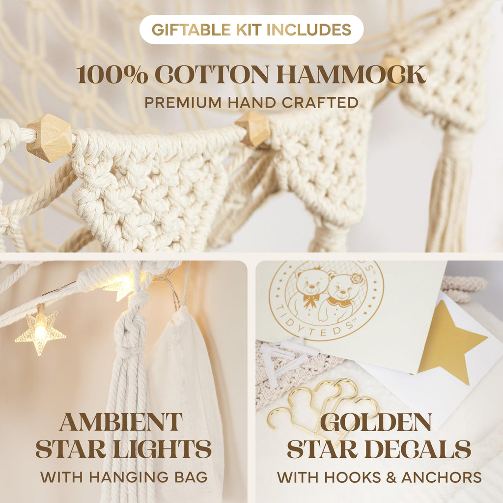 TIDYTEDS Stuffed Animal Hammock Corner | Sturdy Handcrafted Stuffed Animal Net | 4mm Double Macrame Cord Stuffed Animal Holder | Natural 100% Cotton Plushie Net | Toy Hammock w/LED Light (Ice Cream)