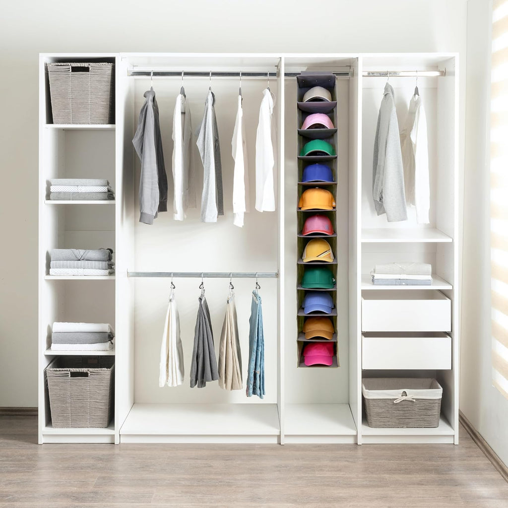 Perfect Curve 11-Pocket Baseball Hat Organizer - Gray Hat Storage Rack for Closet, Holds 100 Caps