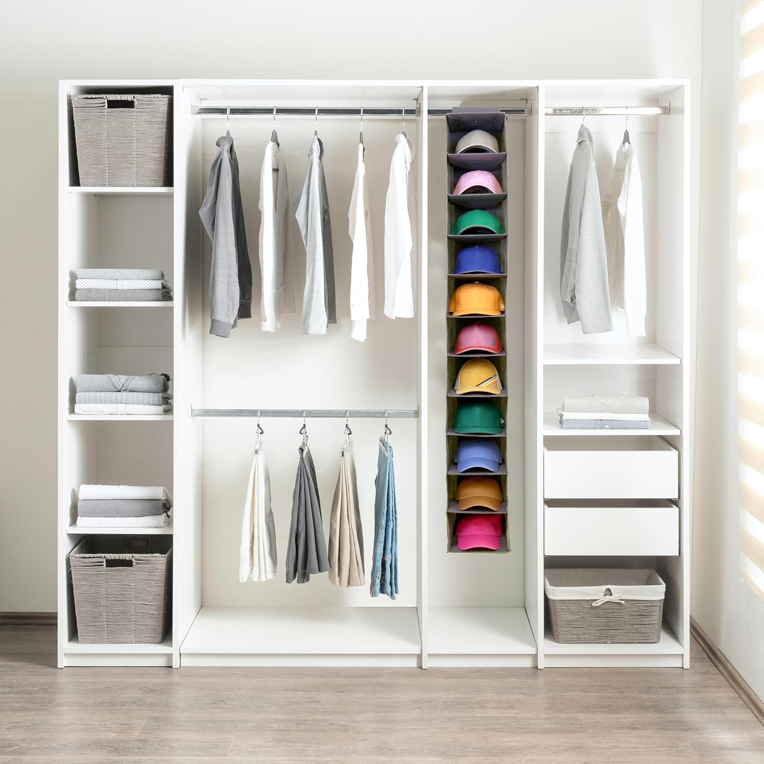 Perfect Curve 11-Pocket Baseball Hat Organizer - Gray Hat Storage Rack for Closet, Holds 100 Caps