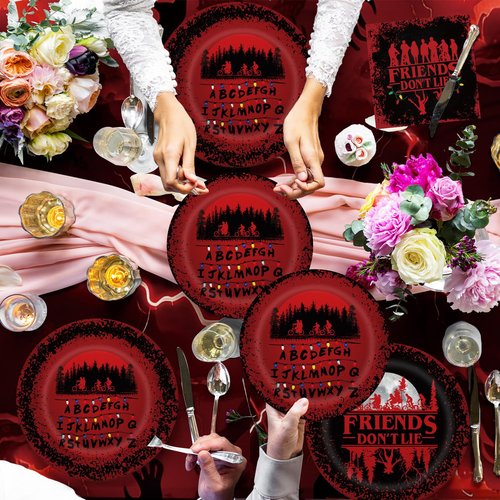 41 Stranger Birthday Party Decorations Include 20 Paper Plates of 2 Size, 20 Napkins,1 42.5x70.8inch Waterproof Plastic Tablecloth Red and Black Birthday Tableware Set