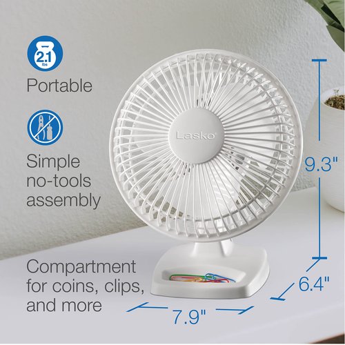 Lasko Personal Table Fan with Storage Tray, 2 Quiet Speeds, Tilt-Back Fan Head for Home Office, Bedroom, 6", White, 2002W