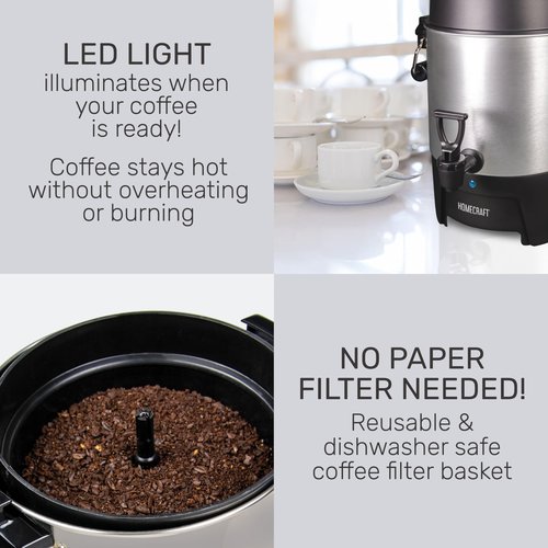 Homecraft 45-Cup Coffee & Hot Beverage Urn - Quick Brewing, Drip-Free Spout, Water Level Markings, Reusable Filter, & Carry Handles - Aluminum