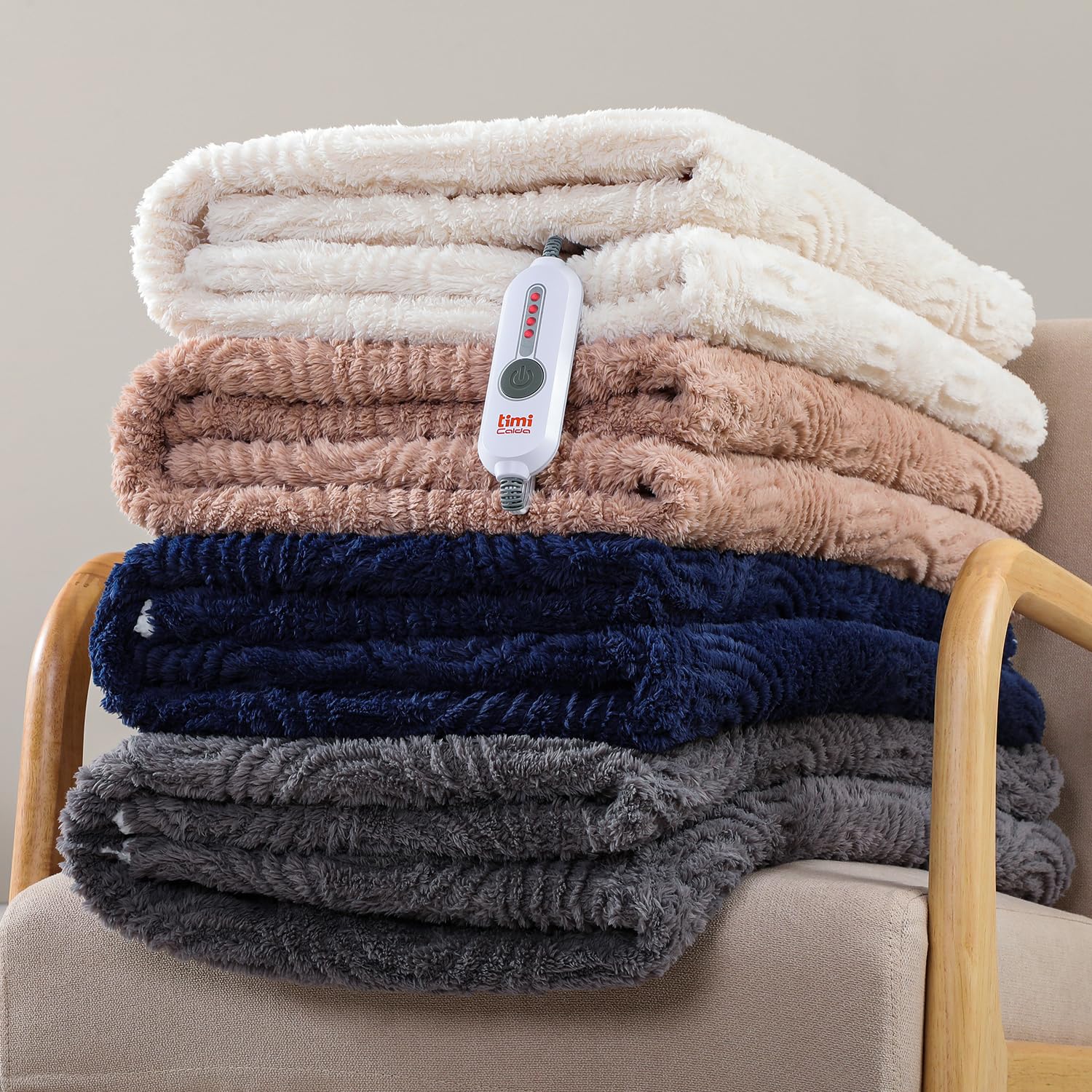 TiMiCalda Heated Throw Blanket Electric - 50"x60" Cozy Soft Jacquard Heating Blanket with 4 Heat Levels & 4 Hours Auto-Off, Electric Throw with Overheating Protection, Warm Gifts, Cream