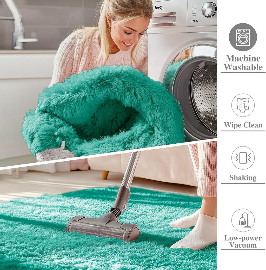 OLANLY Small Bedside Rug - Soft Fluffy Shaggy Carpet for Kids & Nursery | Machine Washable, Teal Green