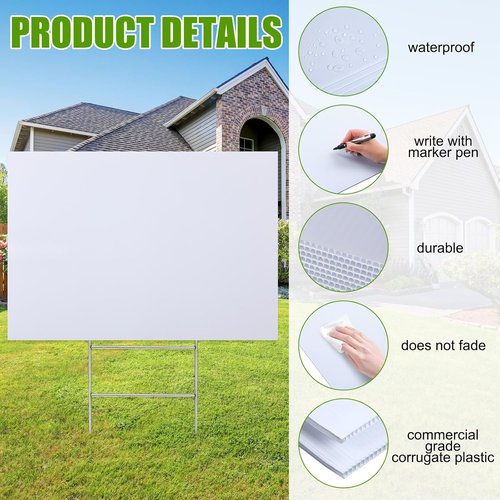Leinuosen 10 Sets Blank Corrugated Plastic Yard Signs - 24 x 36 Inch White H Stakes for Events & Sales