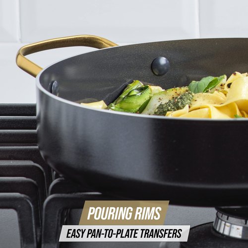 Blue Diamond 4QT Saute Pan with Lid, Non Toxic Induction PFAS-Free Diamond Ceramic Nonstick, Dishwasher & Oven Safe, Metal Utensil Safe, Gold Handle & Helper Handle, Jumbo Skillet, Glass Lid, Black