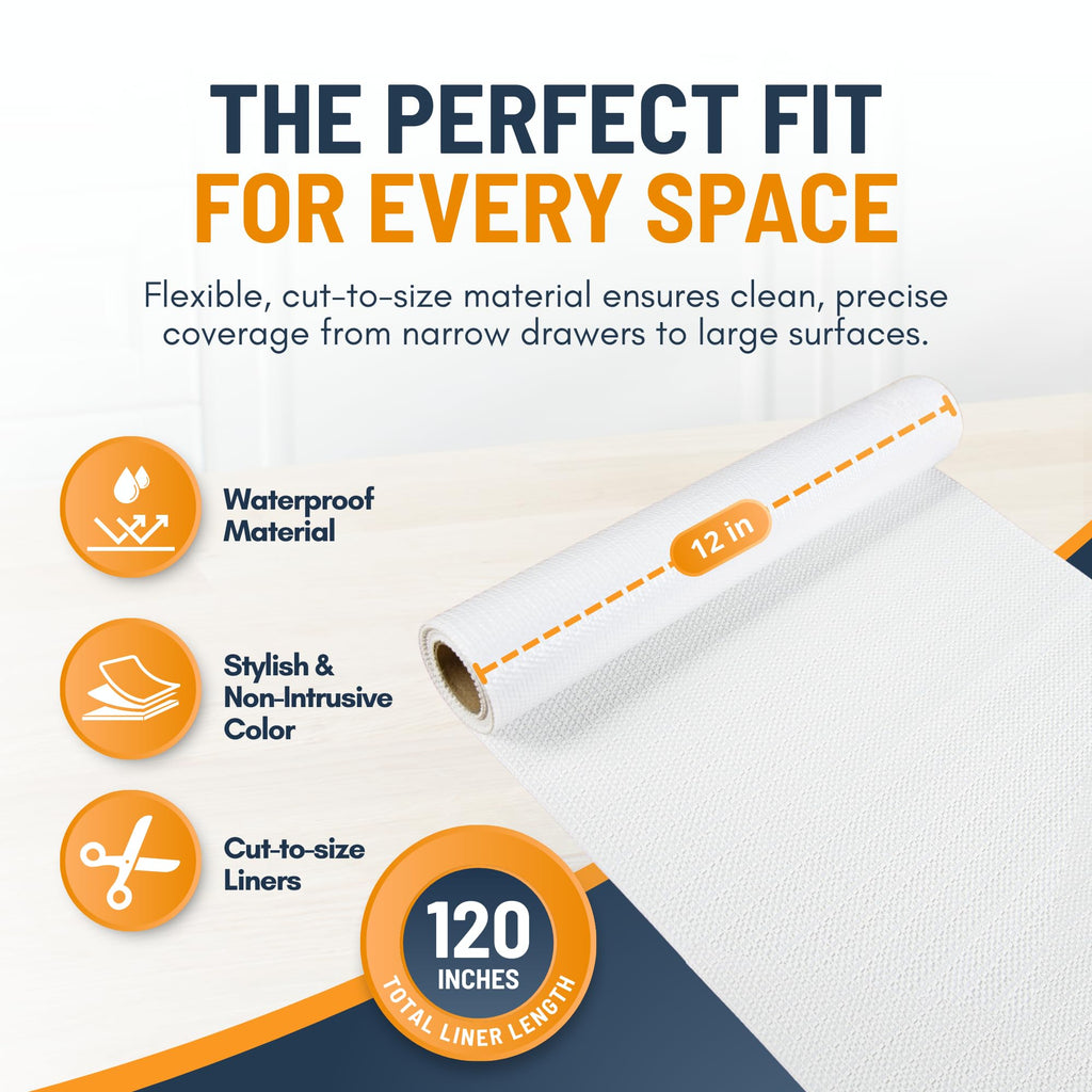 Shelf Liner Cabinet Liner for Shelves Non-Adhesive Kitchen Drawer Liner by Linda’s Essentials (12 x 120 Inches) - Non-Slip Easy Clean Shelf Liners for Cabinets and Cupboard Protector, Waterproof Mat
