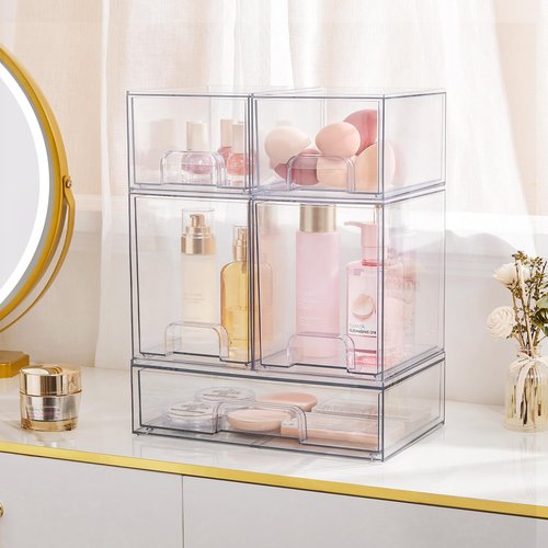 Vtopmart Stackable Storage Drawers Set of 4, Clear Plastic Organizer Bins for Bathroom Supplies,Ideal for Cabinet,Pantry,Laundry Room Organization