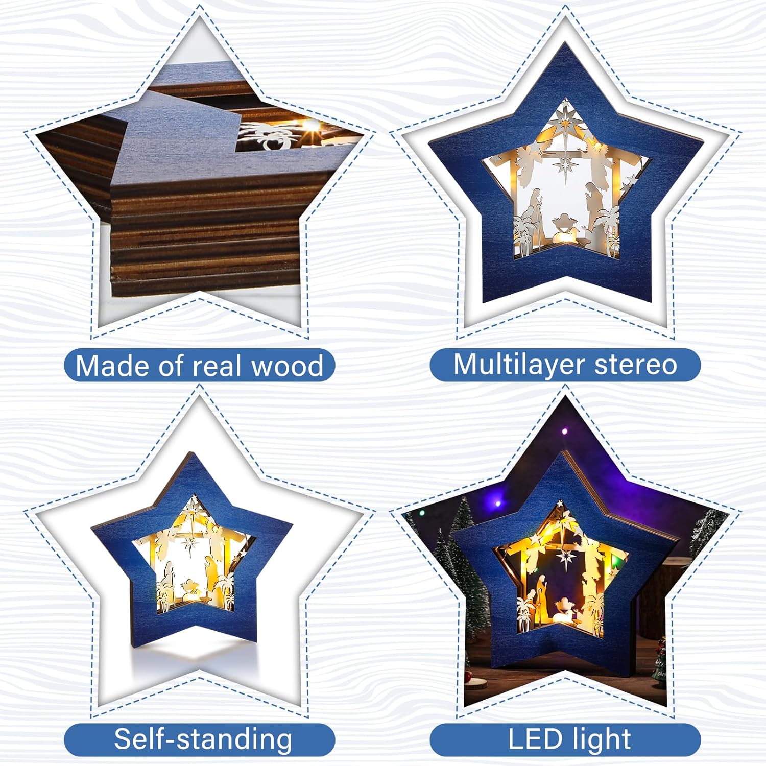Skiennix Wooden Nativity Scene Set - Rustic Christmas Tabletop Decoration with LED Lights | Blue & White