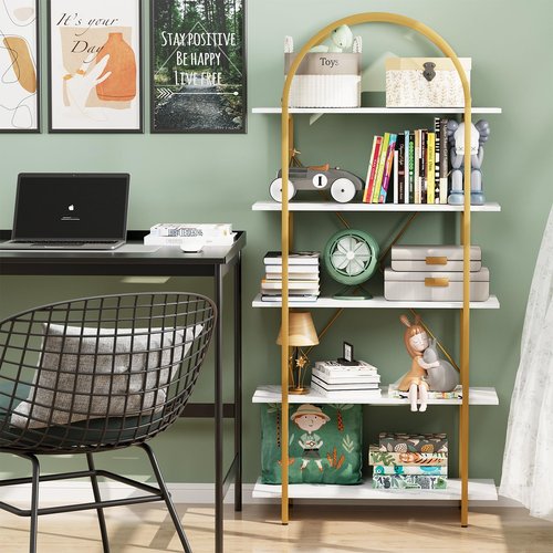 Arbuxzuy Arched Bookshelf 5 Tier Book Shelf, 31.5 Inch Width Industrial Arch Bookcase, Curved Tall Bookshelf with Open Shelves for Home Office, Living Room, Bedroom, Gold