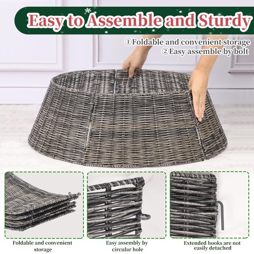 Vencer 26.5''Christmas Tree Collar, Plastic Rattan Xmas Tree Skirt,Rustic Decorations,Tree Skirt Base for Christmas Tree Decorations,Grey,VTO-039