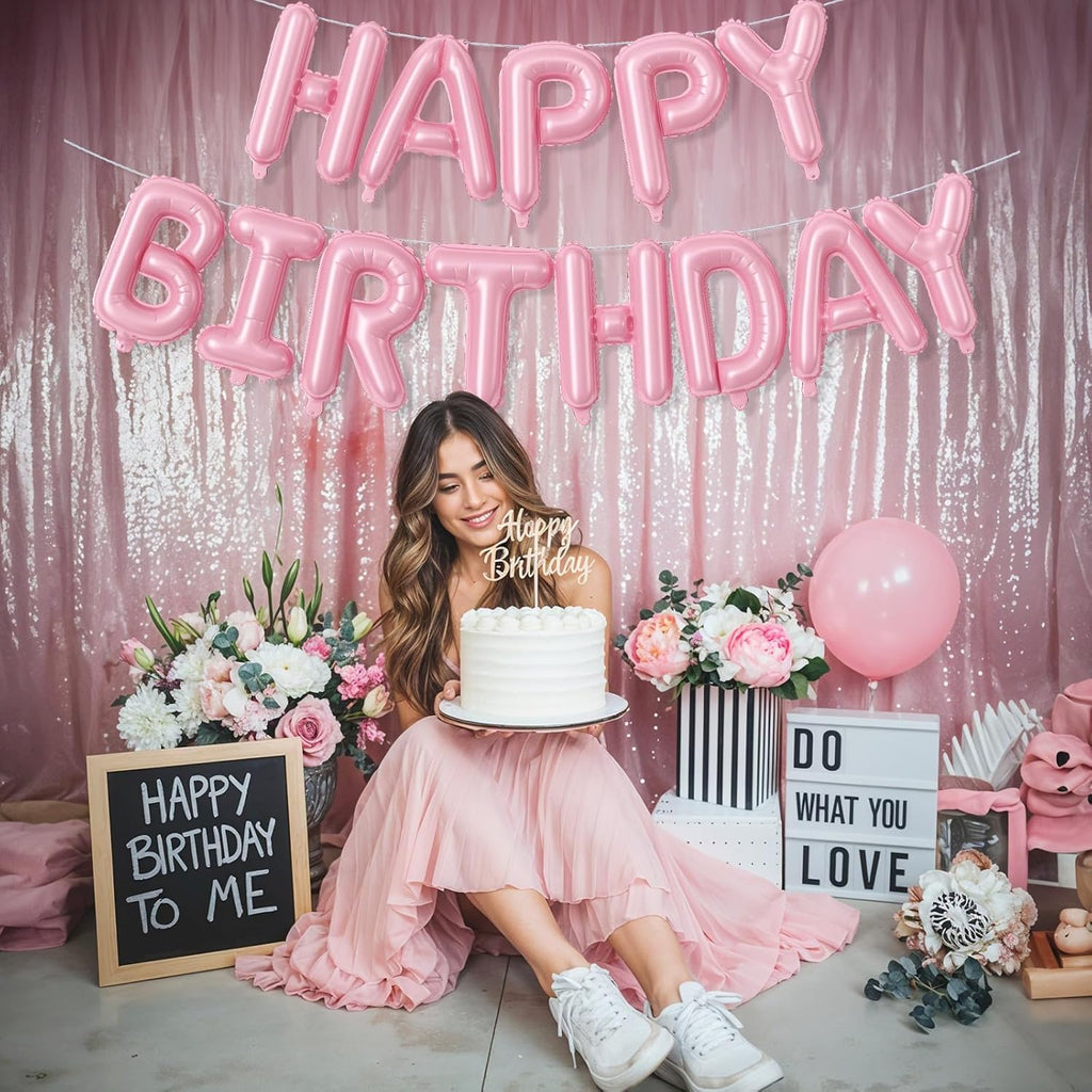 Skiennix Pink Happy Birthday Balloon Banner - 16 Inch Pastel Pearl Mylar Foil Balloons for Girls' Party Decor