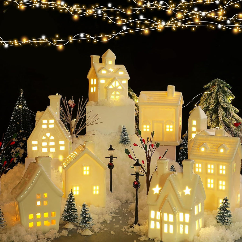 Tioncy 26 Pcs Ceramic Christmas Village Houses Set - Festive Tabletop Decor with Trees & Street Lamps