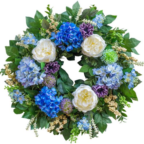 Pinkpuii 26 Inch Spring Wreaths for Front Door Outside– Large Artificial Summer Wreath with Blue Hydrangea, White Peony Flowers and Eucalyptus Leaves– Indoor Outdoor Porch Farmhouse Home Wall Décor