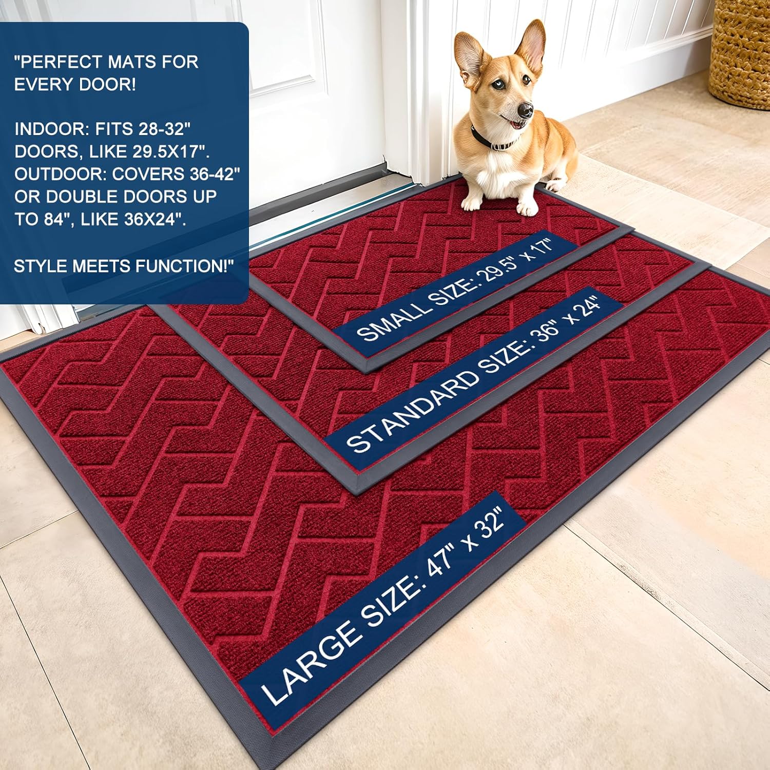OLANLY Waterproof Front Door Mat - All-Season, Easy Clean Herringbone Design | Wine Red, 59x23 Inches