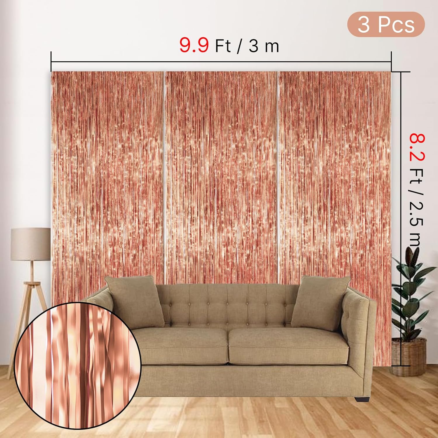 PartyWoo Rose Gold Foil Fringe Curtains - 8.2ft Tinsel Backdrop for 21st Birthday & Bridal Showers