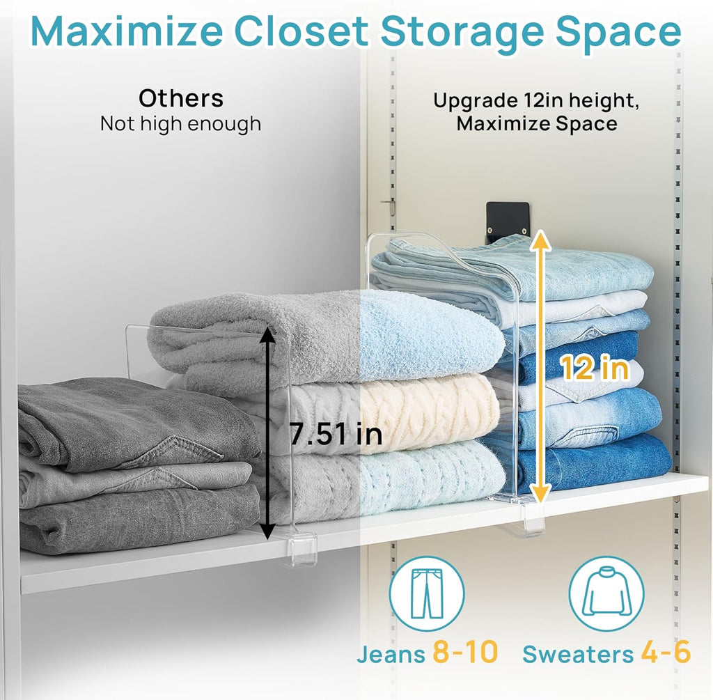 Vtopmart 12-Inch Height Shelf Dividers - Clear Plastic Closet Organizers for Sweaters, Jeans & Bags