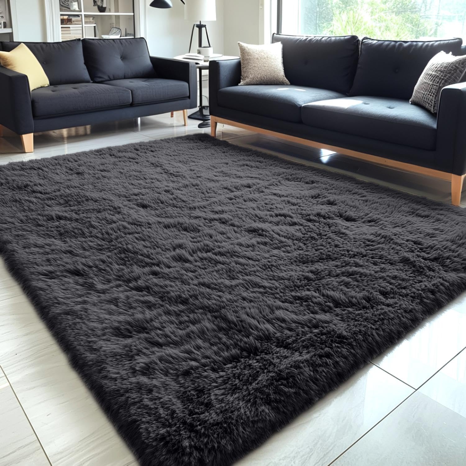 OLANLY Large Area Rug - Soft Fluffy Shaggy Indoor Carpet for Living Room & Bedroom | 5x12 ft, Black