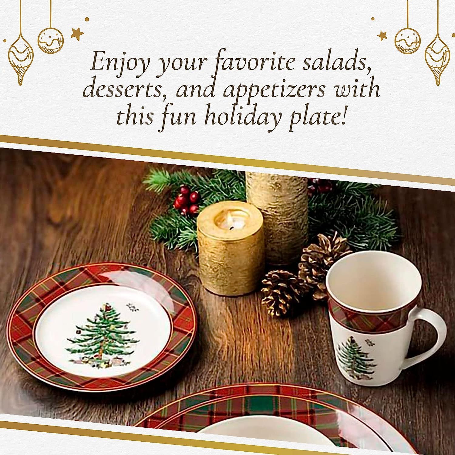 Spode Christmas Tree Tartan 7.75" Salad Plate, Set of 4 - Festive Table Setting for Parties & Gatherings, Holiday Plate for Appetizers, Desserts or Salads - Dishwasher & Microwave Safe Earthenware