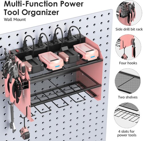 CCCEI Modular Power Tool Organizer - Wall Mount Charging Station & Heavy Duty Storage Shelf | Pink, 1 Pack