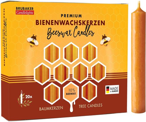 BRUBAKER Beeswax Tree Candles - Honey Colored - Pack of 20 - 3¾ x ½ Inch (9.5 x 1.27cm) - Made in Europe
