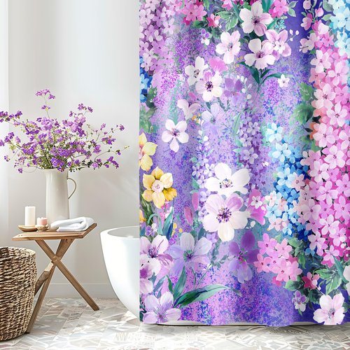 BayNook Purple Floral Shower Curtain, Cute Colorful Flower Fabric Shower Curtains for Bathroom, Pretty Funky Watercolor Cloth Shower Curtain Set Trendy Waterproof Bath Curtain 72x72