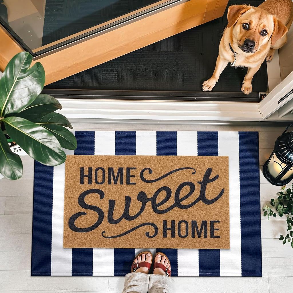 OLANLY Striped Rug - Navy & White Washable Cotton Doormat | 2'4" x 3'7" for Indoor & Outdoor Use