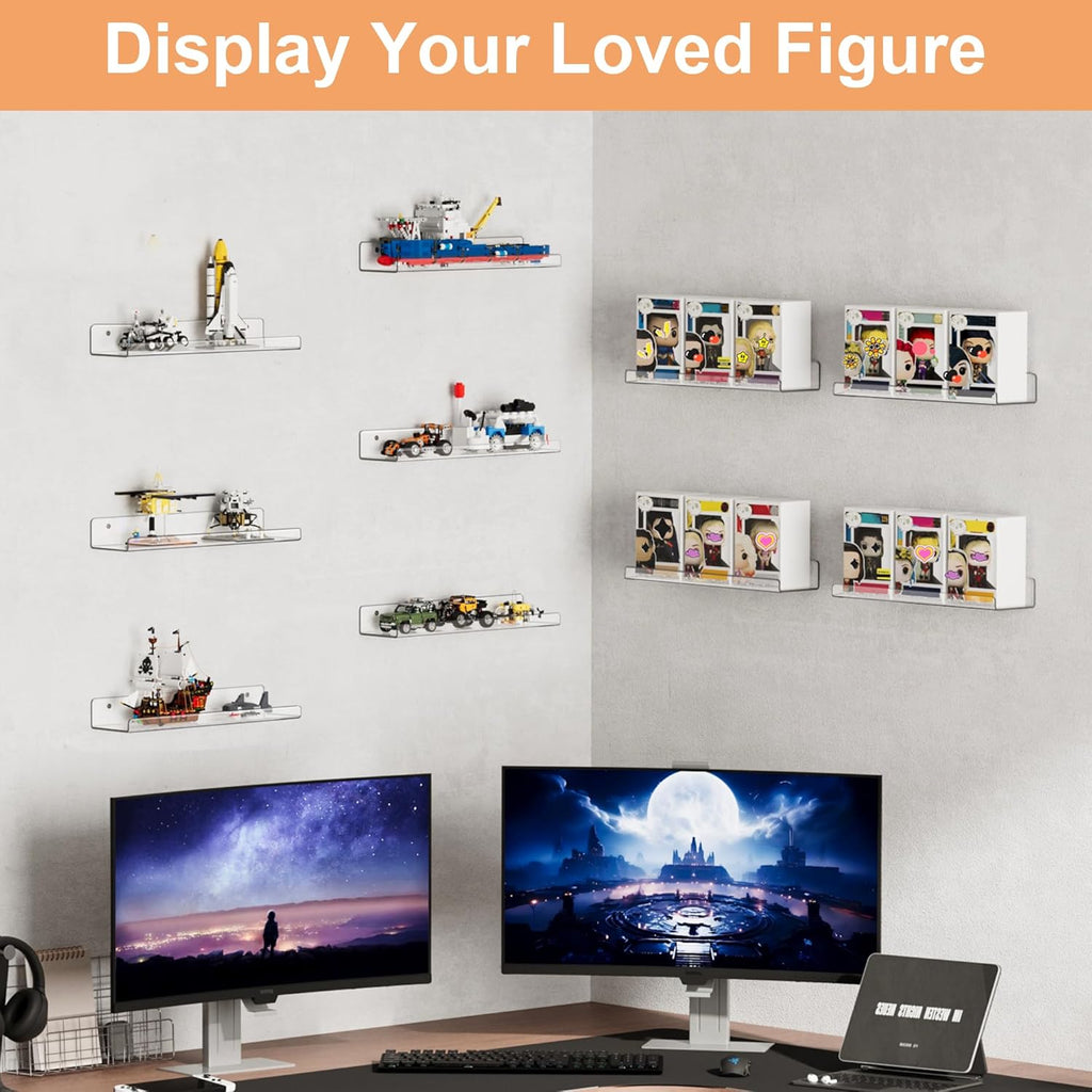 Upsimples 12 Pack Acrylic Shelves - Clear Wall Organizer for Figures, Toys, Perfume | 15" Display Shelf for Bedroom & Nursery