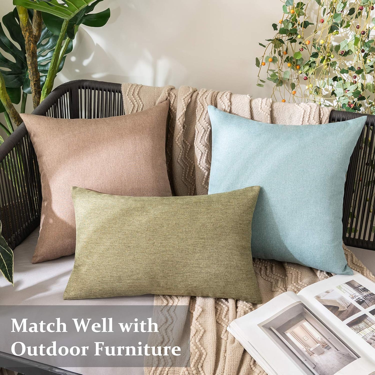 MIULEE Decorative Outdoor Throw Pillow Covers - Waterproof Faux Linen Cushion Cases | 16x16 Inch Khaki (Pack of 2)