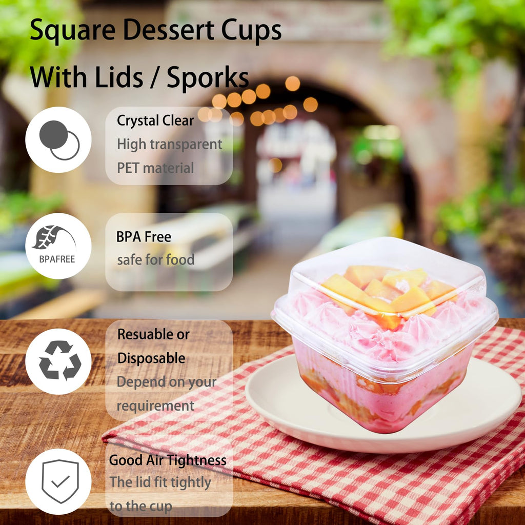 100 Pack 8OZ Plastic 50Pcs Square Dessert Cups with Lids and 50Pcs Spoons,Square Ice Cream Container with Forks, Disposable Parfait Cups for Mousse Cupcake Pudding Snacks Yogurt Parfait Fruits（50Sets）