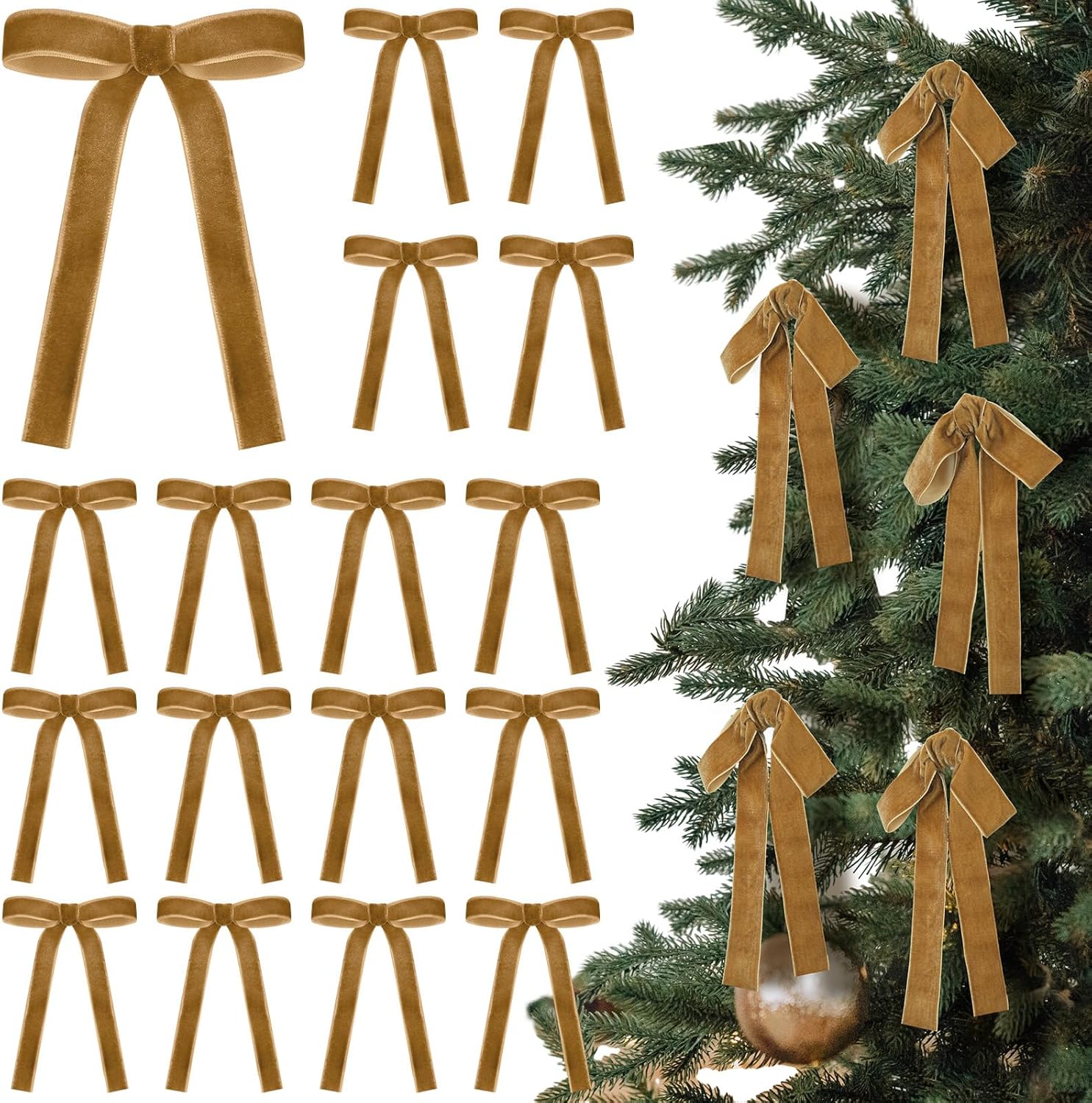 Skiennix 24 Pcs Velvet Bows - Vintage Ribbon Decorations for Christmas Trees & Crafts | 5 x 7 Inch, Khaki