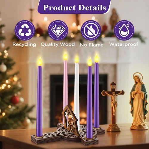 Christmas Advent Wreath Candle Holder - 5 Flameless Candles & Wood Cross Nativity Scene | Festive Table Decor