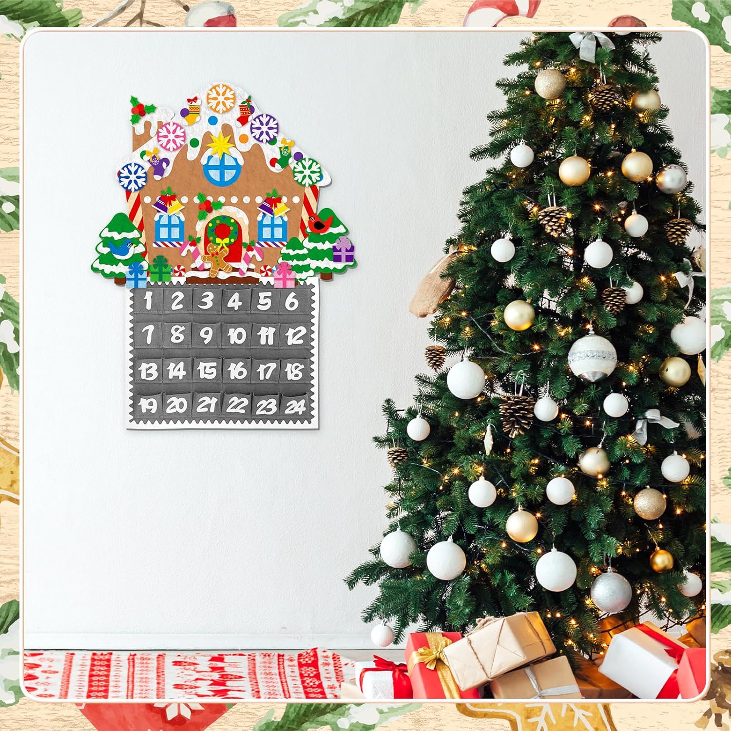 Watersay Christmas Gingerbread House Advent Calendar - 2ft Felt Countdown with 24 Pockets for Kids & Toddlers