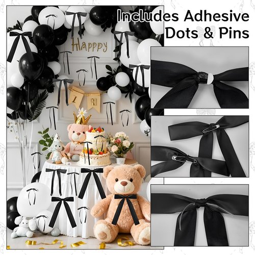 GZIXBDA 48Pcs Black Bow Wall Decor, Satin Ribbon Bow Birthday Decorations Photo Backdrop Party Decor for Birthday Baby Shower Bachelorette Wedding Party Room Bedroom