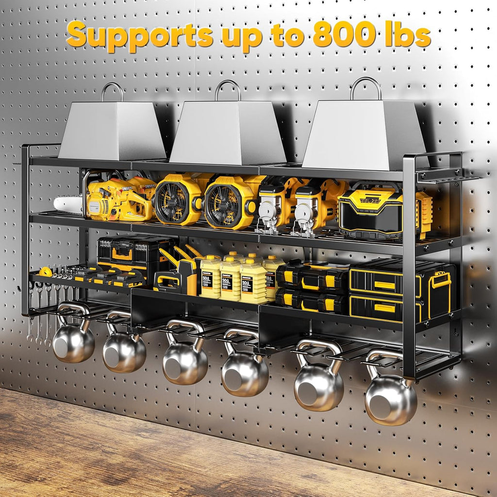 POKIPO Large Power Tool Organizer - Wall Mount Charging Station with 8 Outlet Power Strip | 49.5" 4-Tier Heavy Duty Storage for 12 Cordless Drills, 800 lb Load Capacity