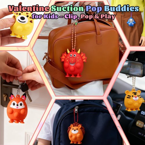 Kiddelo 24 Pack Valentines Day Cards for Kids School Classroom Exchange, Animal Pop Fidget Suction Keychains with 24 Cards, 12 Designs Non Candy Party Favors and Goodie Bag Stuffers