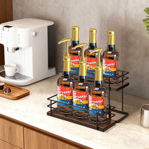 EFYSE Coffee Syrup Organizer rack, 2 Tier Syrup Holder(6 Bottle Capacity) for coffee bar syrup storage,kitchen condiment organization and wine display.